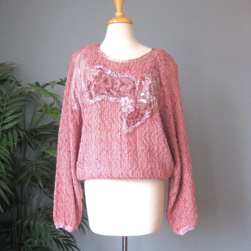 Vintage Embellished Sweater Mauve Pink complex knit applique pullover Italian